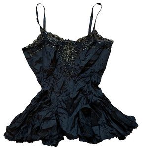 Vintage Yank Corset Style Black with Gold Embroidery and Beaded Top Sz M